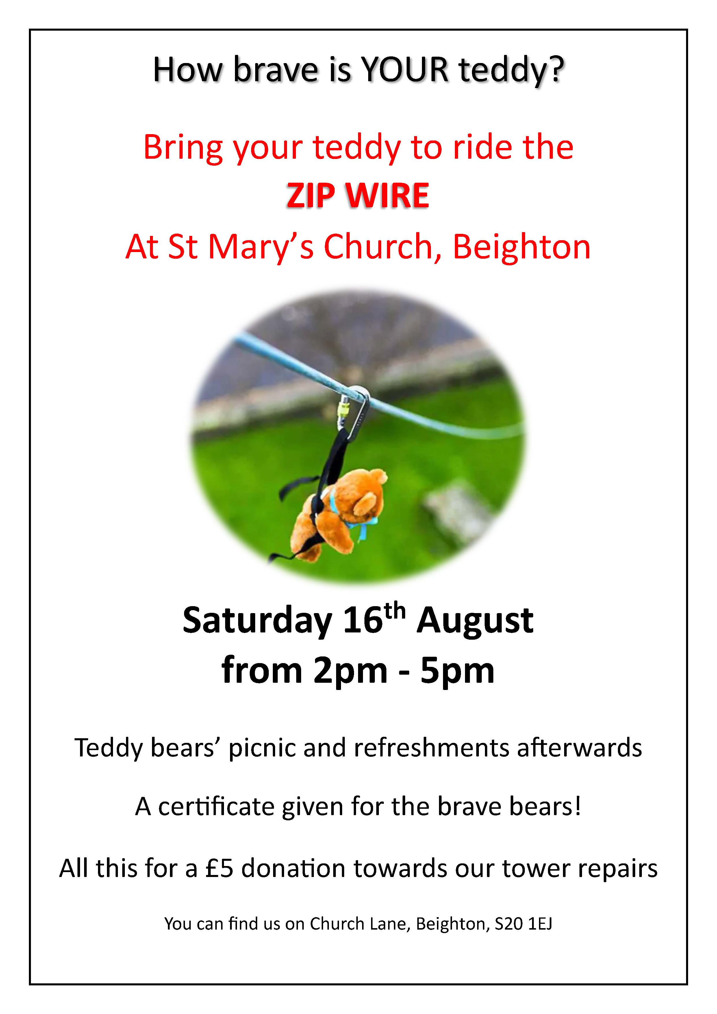  Past event a poster for Teddy Bear Zip Wire on Saturday 16th August 2025